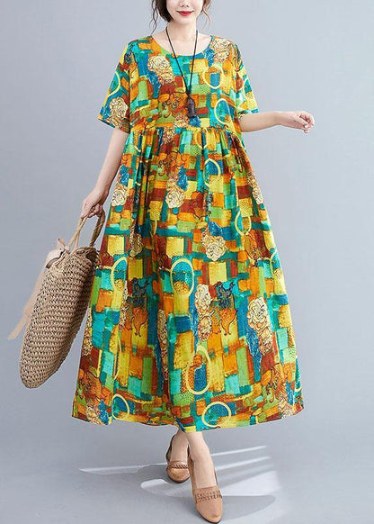 Green O-neck Print Summer Patchwork Robe Dresses Half Sleeve
