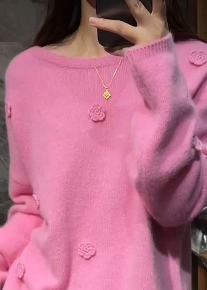 Pink Thick Cotton Knit Sweaters Long Sleeve Winter