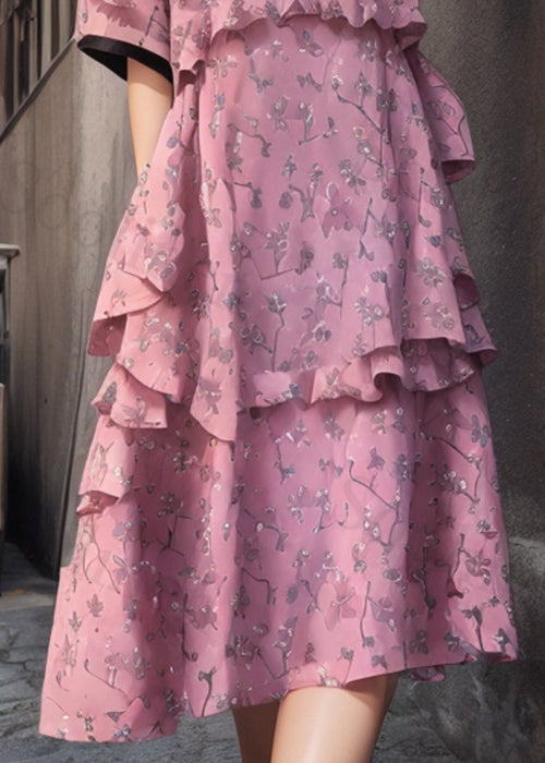 Italian Pink Ruffled Print Cotton Long Dresses Summer