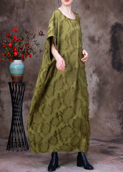 Green O-neck Asymmetrical Print Woolen Long Dress Batwing Sleeve