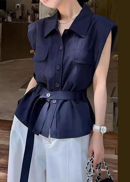 Navy Peter Pan Collar Button Cotton Shirt Sleeveless