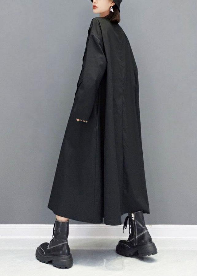 Black O-neck Pockets Robe Dresses Fall Long Sleeve
