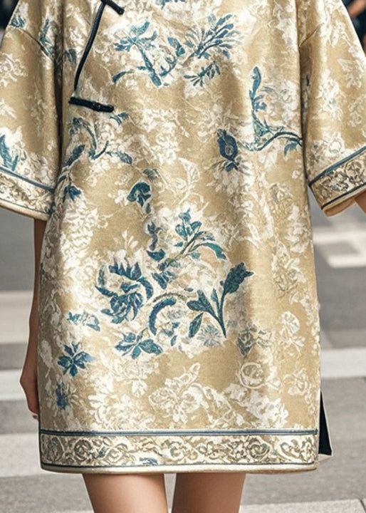 Khaki Print Chinese Style Mini Dresses Half Sleeve