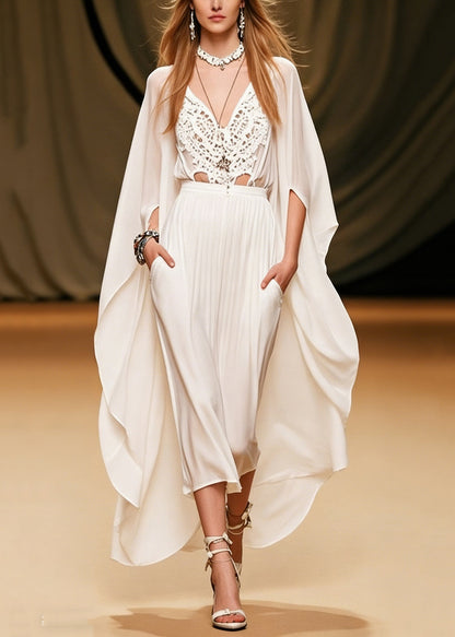 Art White V Neck Hollow Out Pockets Chiffon Two Piece Set Batwing Sleeve