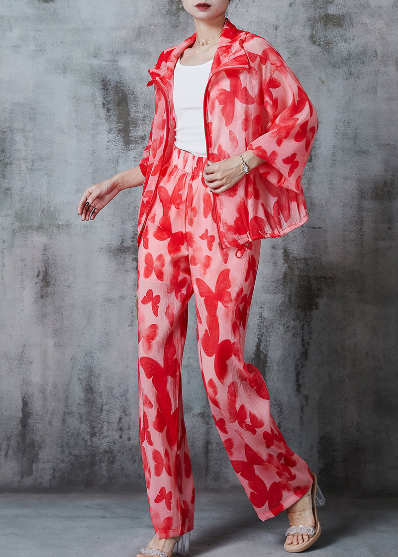 Red Butterfly Drawstring Tulle Upf 50+ Two Pieces Set Summer