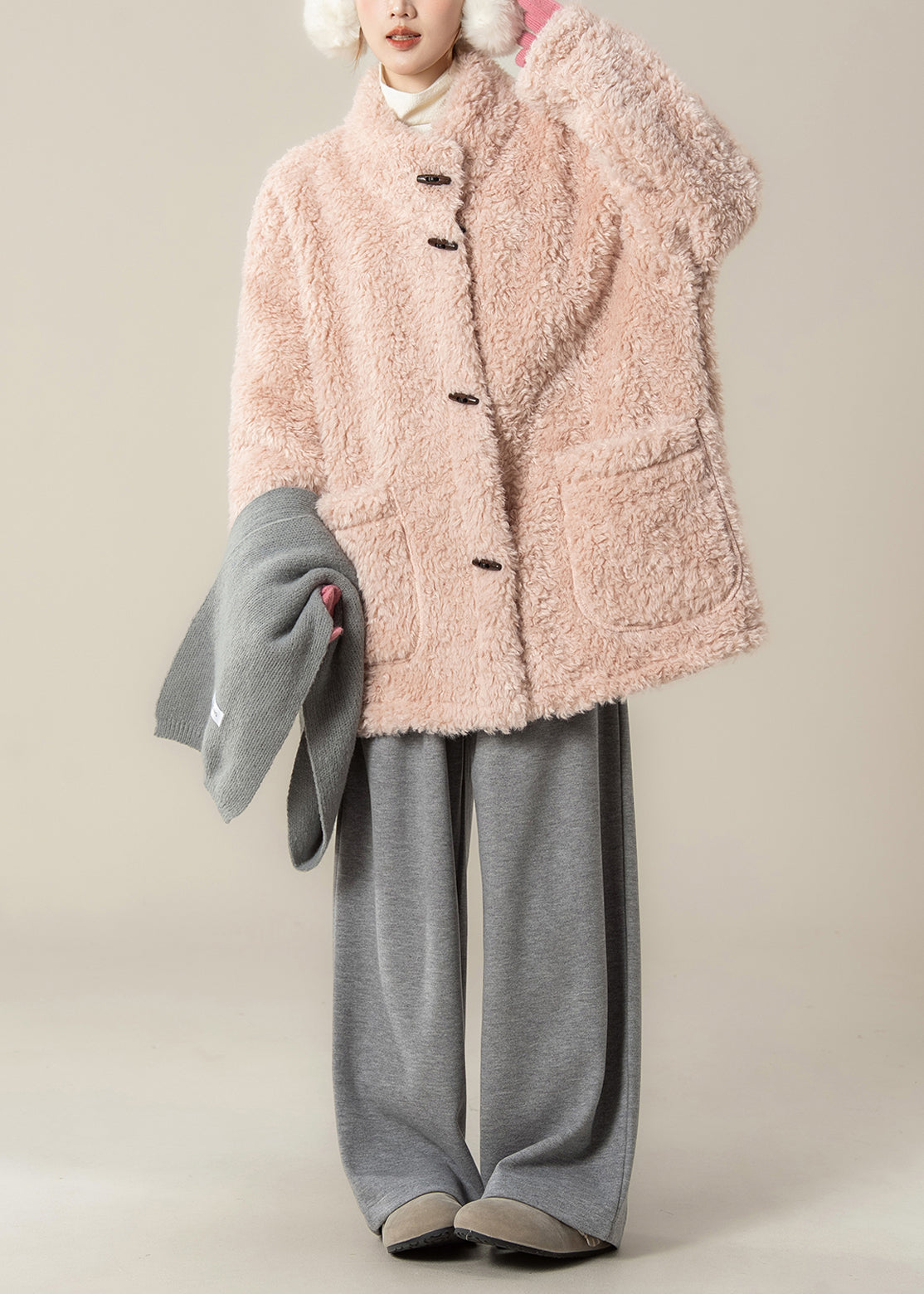 New Pink Faux Fur Coat and Grey Wide Leg Pants Set Winter