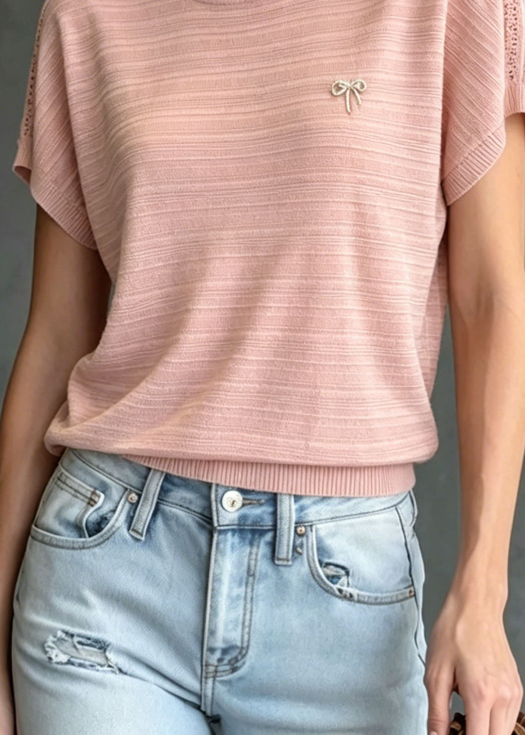 Pink O Neck Zircon Ice Silk Knit T Shirts Summer