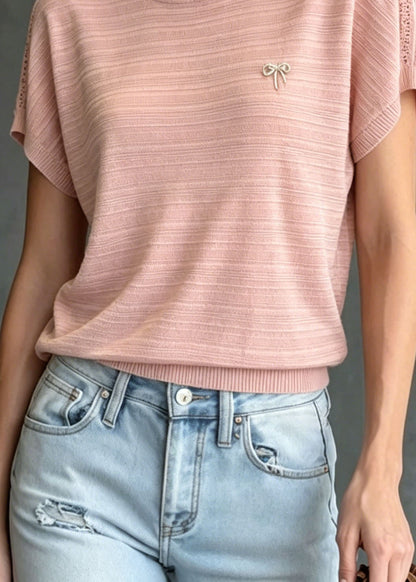 Pink O Neck Zircon Ice Silk Knit T Shirts Summer
