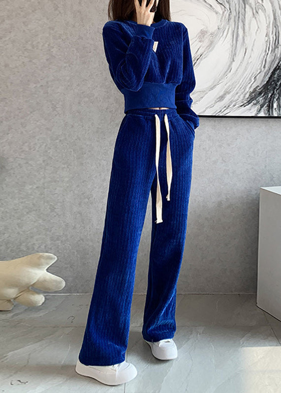 Natural Blue O-neck Top and Wide Leg Pants Two Pieces Set Long Sleeve