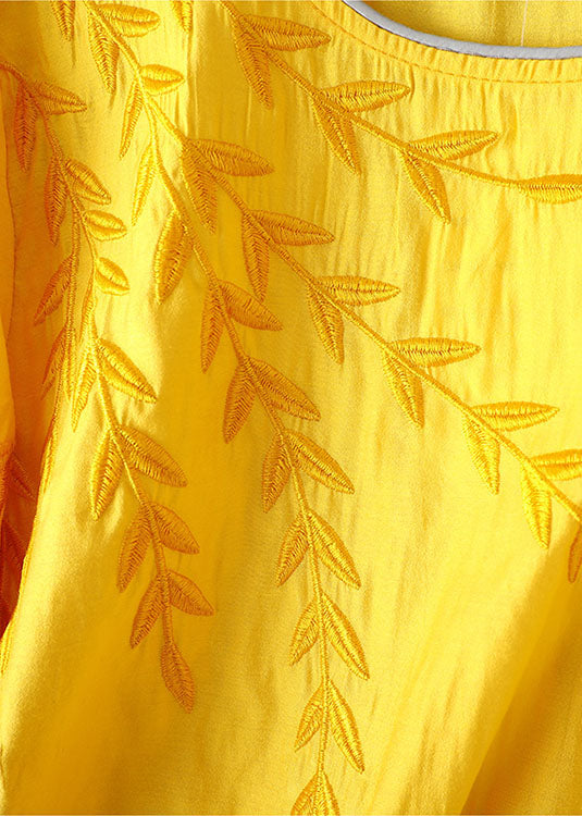 Yellow Color O-neck Embroideried Linen Top Half Sleeve