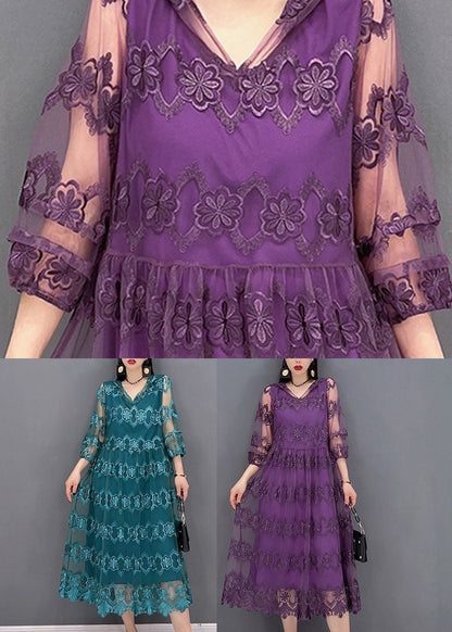 Blue V Neck Tulle Patchwork Hooded Dress Three Quarter Sleeve
