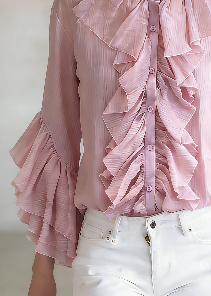 Loose Purple Ruffled Button Shirt Top Flare Sleeve