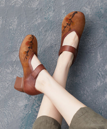 Brown High Heels Chunky Cowhide Leather Splicing High Heels