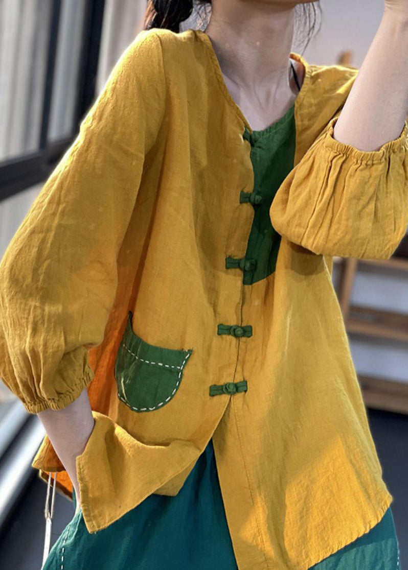 Yellow V Neck Button Patchwork Cotton Shirt Bracelet Sleeve
