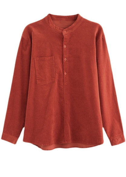 Slim Fit Red Stand Collar Pockets Corduroy Shirt Spring