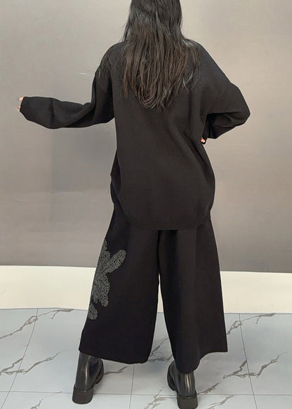 Simple Black O Neck Embroidered Cotton Two Piece Set Fall