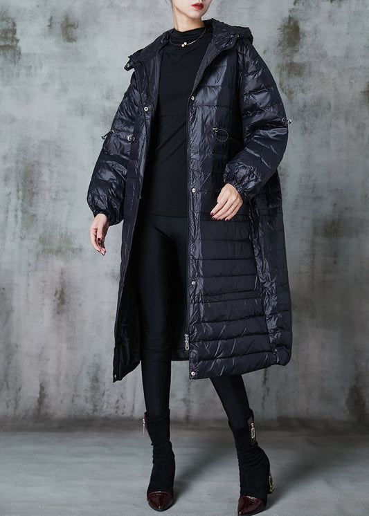 Fitted Black Drawstring Patchwork Cotton Silk Blend Puffer Jacket Winter