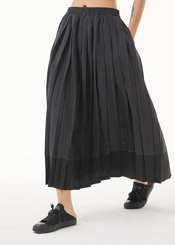 Dark Grey Elastic Waist Patchwork Pleated Skirt Spring