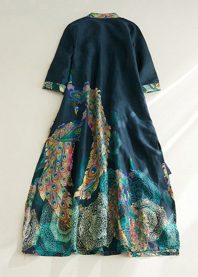 Blackish Green Stand Collar Print Side Open Long Dresses Short Sleeve
