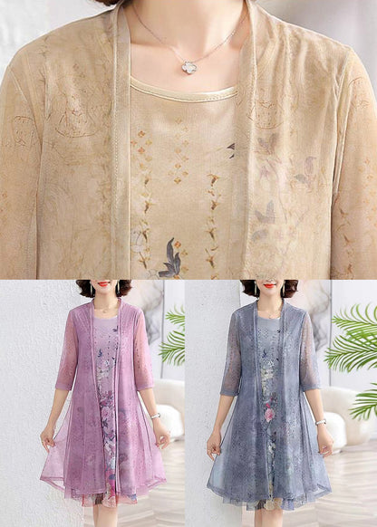 Loose Khaki Cardigan and Dress Chiffon Two Piece Set Summer