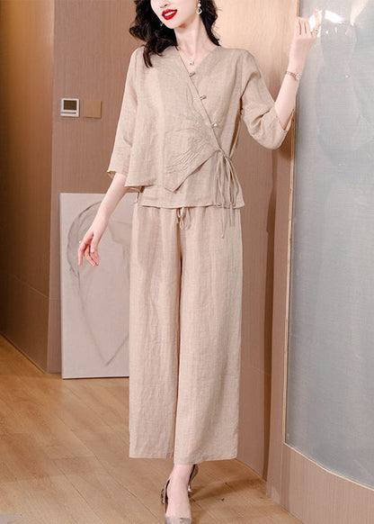 Beige Asymmetrical Tie Waist Linen Two Pieces Set Spring