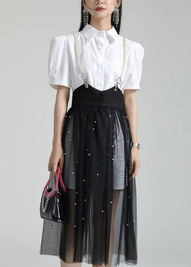French White Peter Pan Collar Shirt Dresses and Tulle Skirt Two Pieces Set Summer