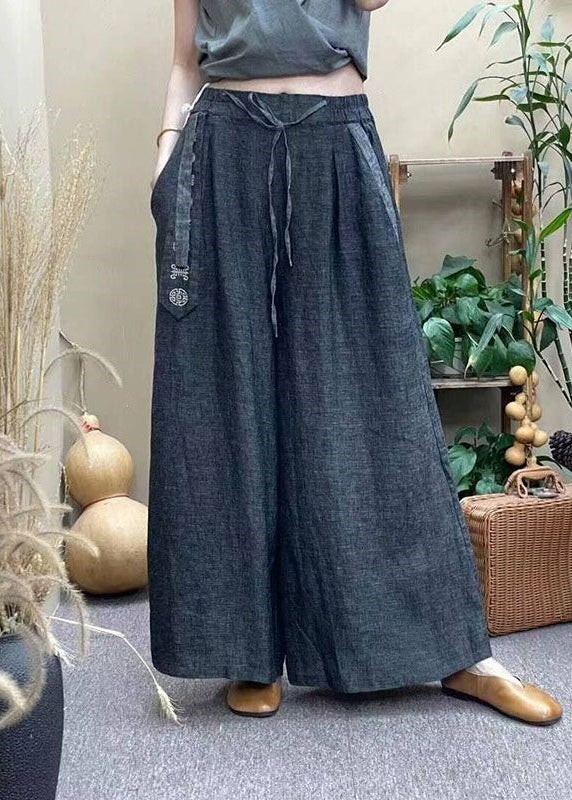 Grey Elastic Waist Drawstring Pockets Linen Wide Leg Pants Summer