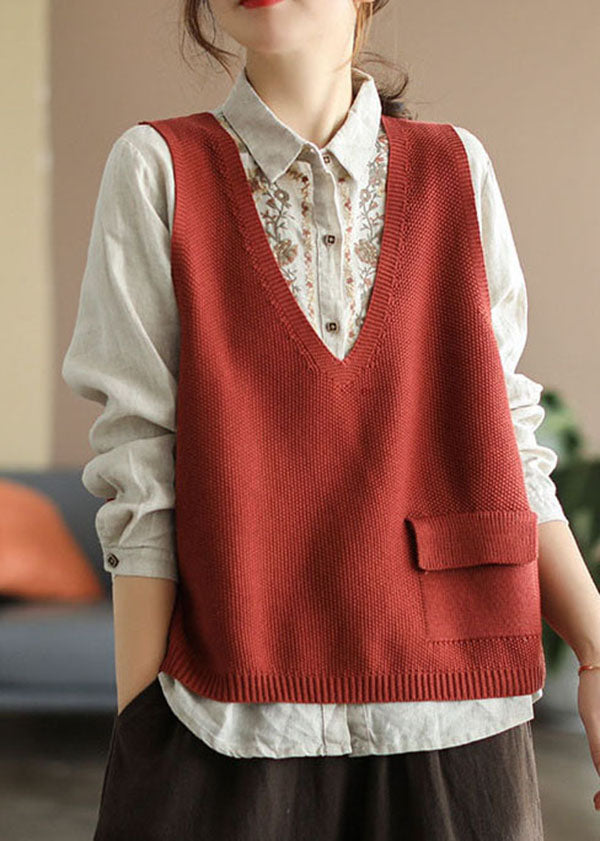 Red V Neck Patchwork Cotton Knit Vest Sleeveless