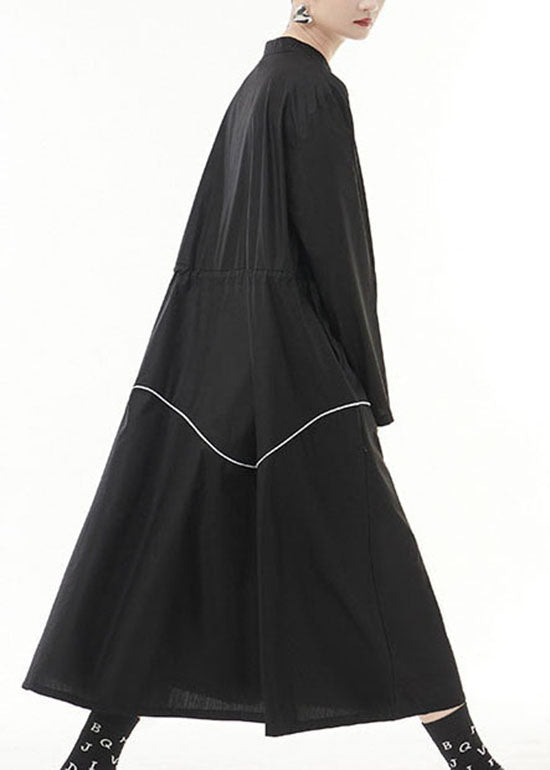 Unique Black Drawstring Zippered Stand Collar Dress Spring