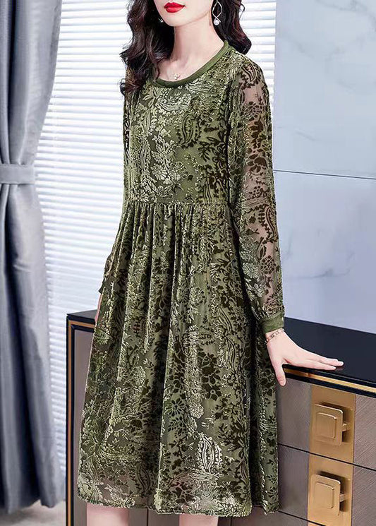 Jacquard Army Green O-neck Lace Up Silk Velour Dress Long Sleeve