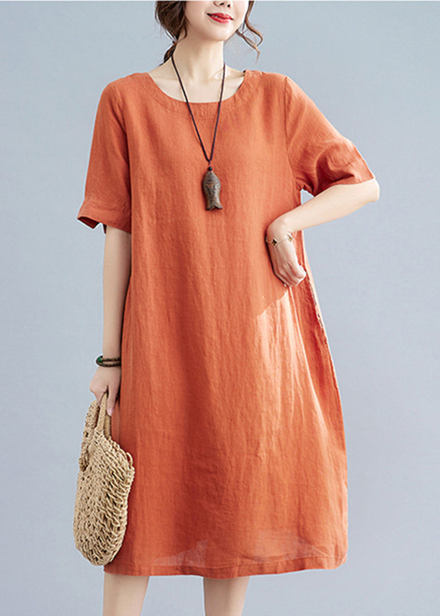 Orange O-neck Wrinkled Pockets Linen Dresses Short Sleeve