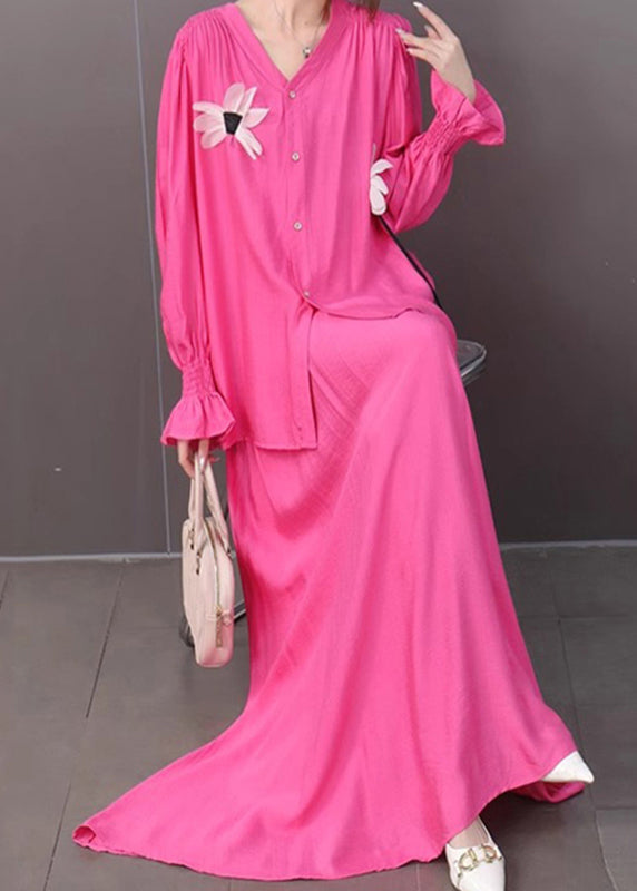 Rose Button Shirts and Maxi Skirts Two Piece Set Flare Sleeve