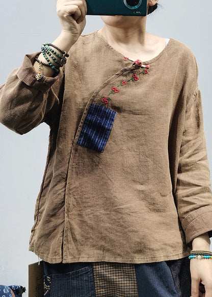 Khaki O-neck Embroideried Patchwork Linen Top Long Sleeve