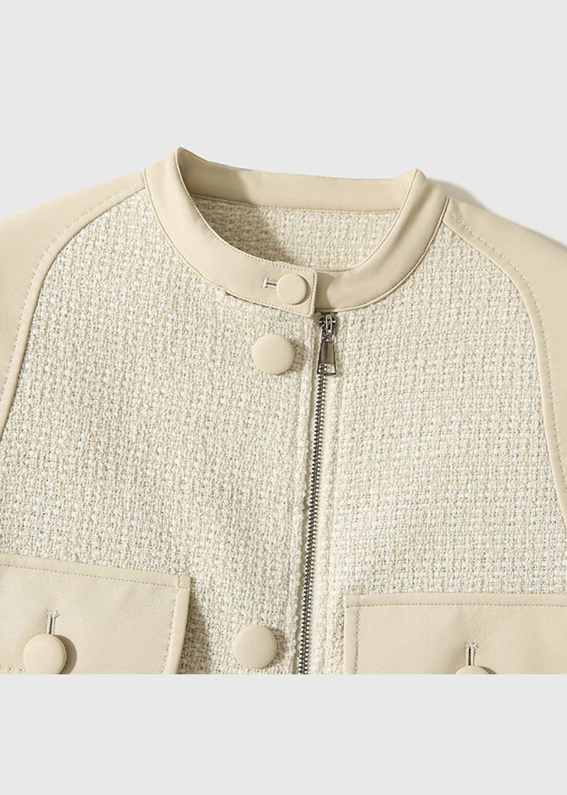 White O-neck Woolen Patchwork Pockets Sheepskin Coats Long Sleeve