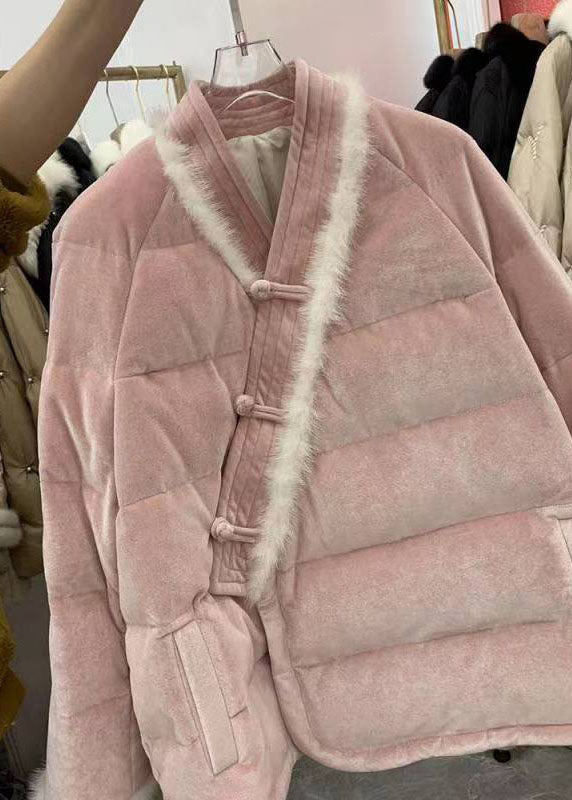 Pink Chinese Button Patchwork Fine Cotton Filled Winter Coats