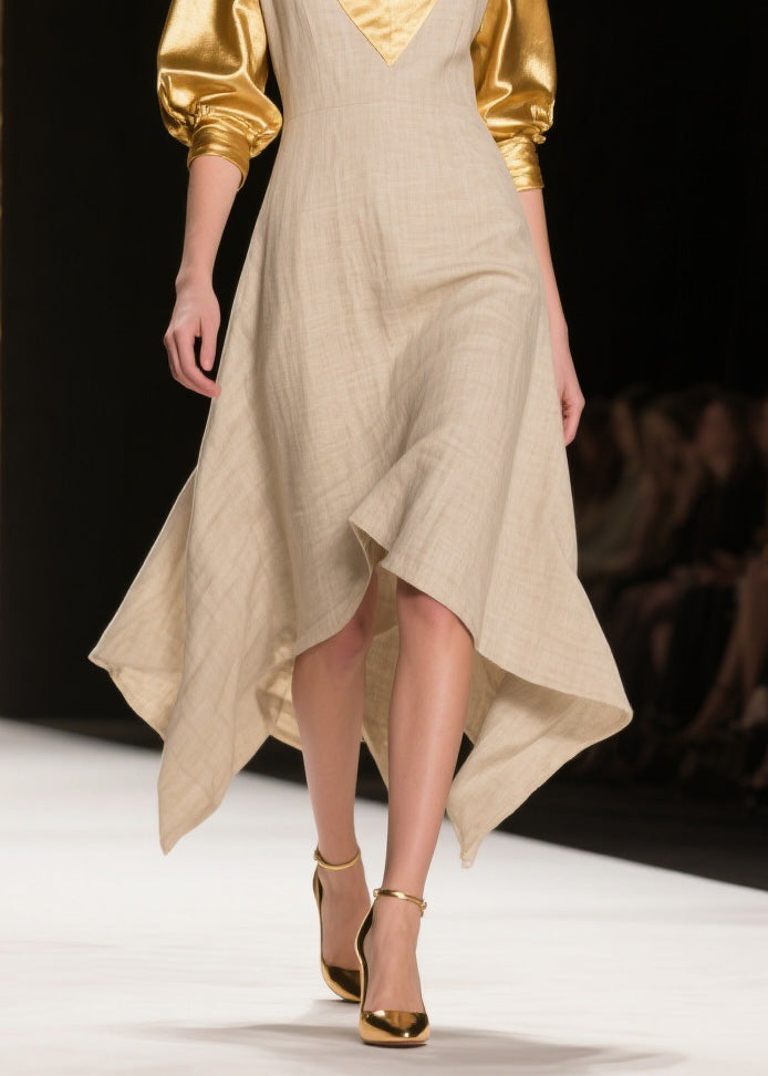 V Neck Asymmetrical Design Patchwork Linen Silk Dress Summer