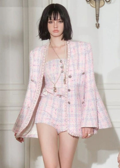 French Pink Ruffled Button Cotton Three-piece Set Flare Sleeve