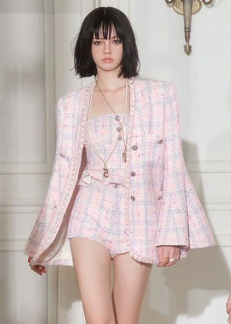 French Pink Ruffled Button Cotton Three-piece Set Flare Sleeve