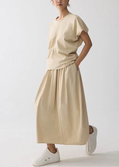 Khaki Oversized Wrinkled Cotton Two Pieces Set Summer