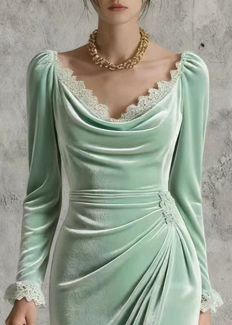 Silm Fit Light Green Lace Patchwork Wrinkled Silk Velvet Long Dress Spring