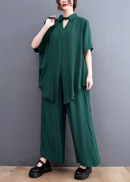 French Green Oversized Side Open Draping Silk Two Piece Set Clothing Summer