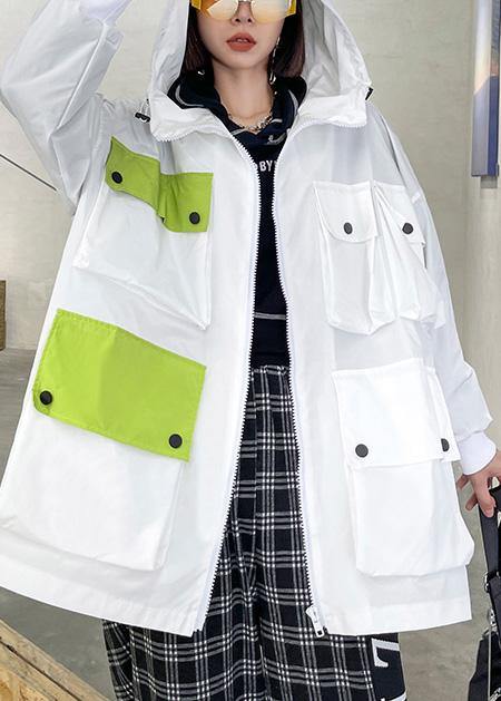 Spring Unique White Colorblock Pockets Zippered Hooded Cotton Jacket