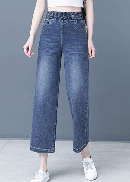 Denim Blue Patchwork Elastic Waist Crop Wide Leg Pants
