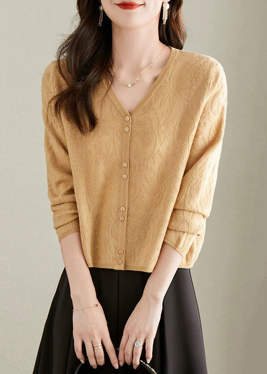Jacquard Yellow V Neck Button Knit Cardigan Fall
