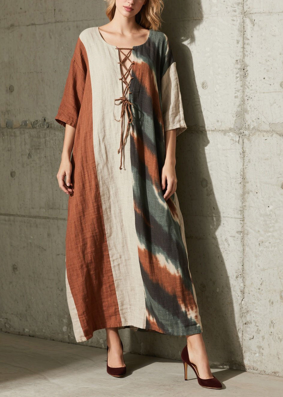 Colorblock Cross Strap Patchwork Cotton Dress Half Sleeve