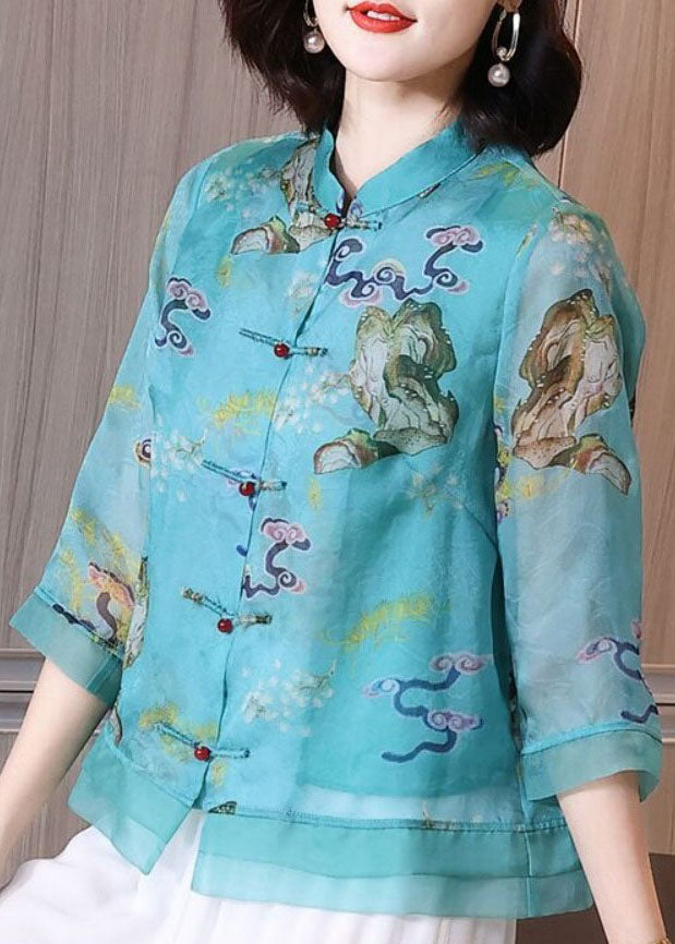 Blue Stand Collar Print Chinese Button Patchwork Linen Tops Summer