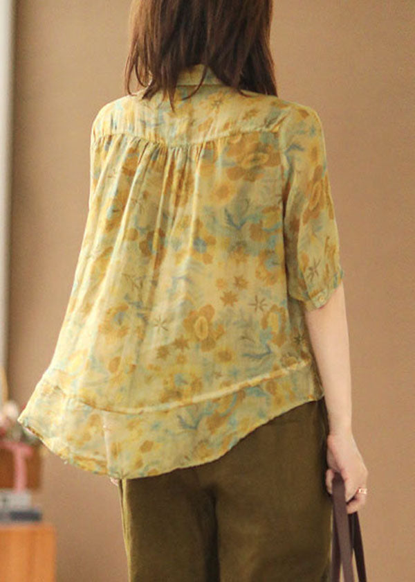 Yellow Peter Pan Collar Print Button Linen Blouse Tops Short Sleeve
