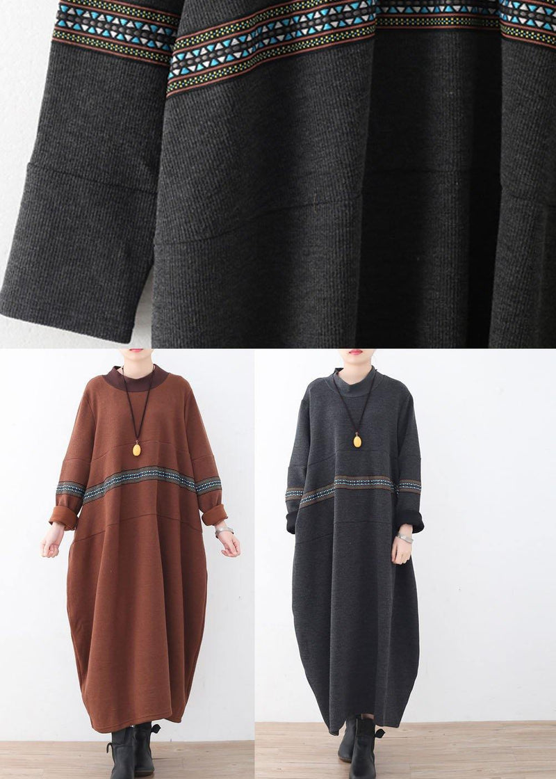 Classy Chocolate O-neck Long Sleeve Loose Fall Cotton Dress