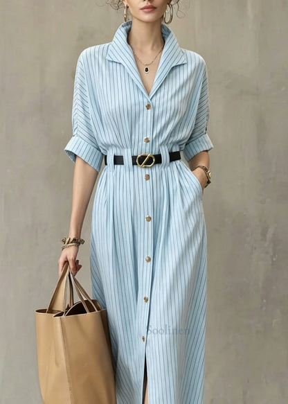 Blue V Neck Striped Pockets Cotton Dresses Summer