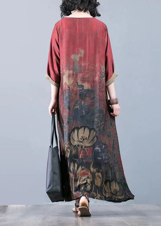 Red O-neck Print Silk Ankle Dresses Three Quarter Sleeve